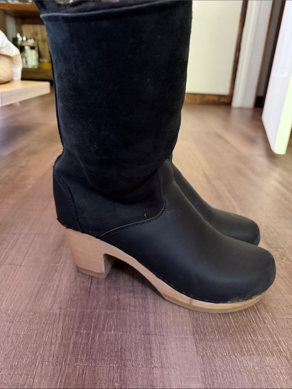 Black Suede & Leather-Look Mid-Calf Heeled Boots